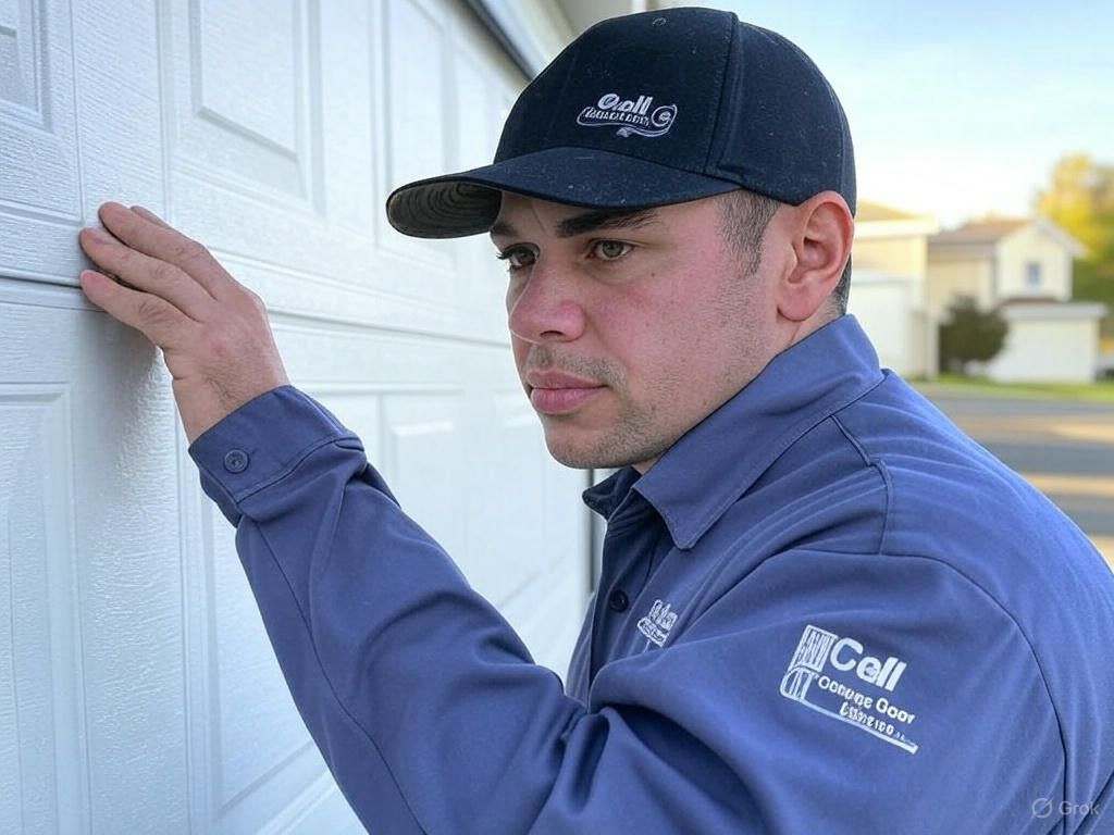 Cell Overhead Door Employee inspecting garage door panel.